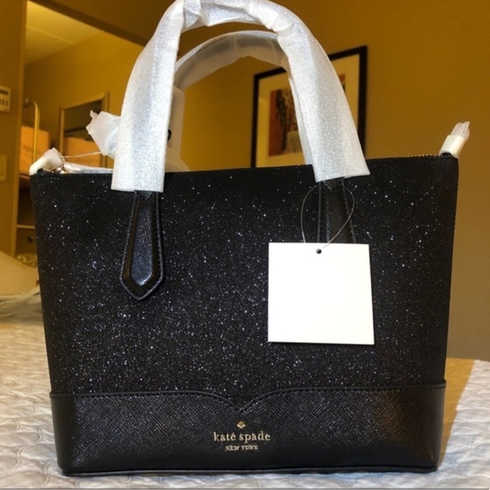 Kate Spade New York Black Glitter Satchel Tote with Crossbody Strap NWT